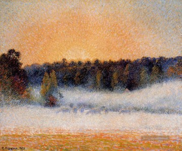  Sonne Kunst - untergehende Sonne und Nebel eragny 1891 Camille Pissarro